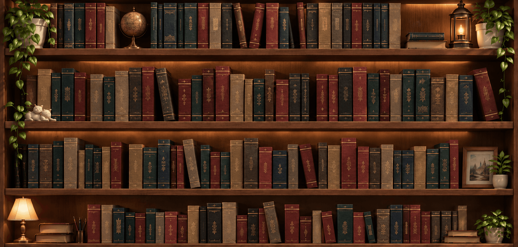 A wooden bookcase filled with old leather-bound books